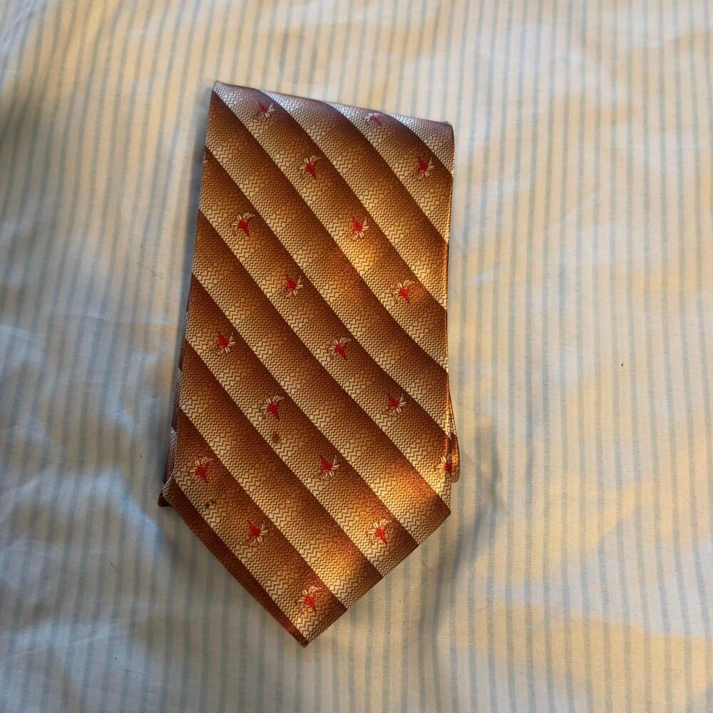 Z Fuliwang Men's Brown Gold Striped Silk Tie with Red Flower Motif